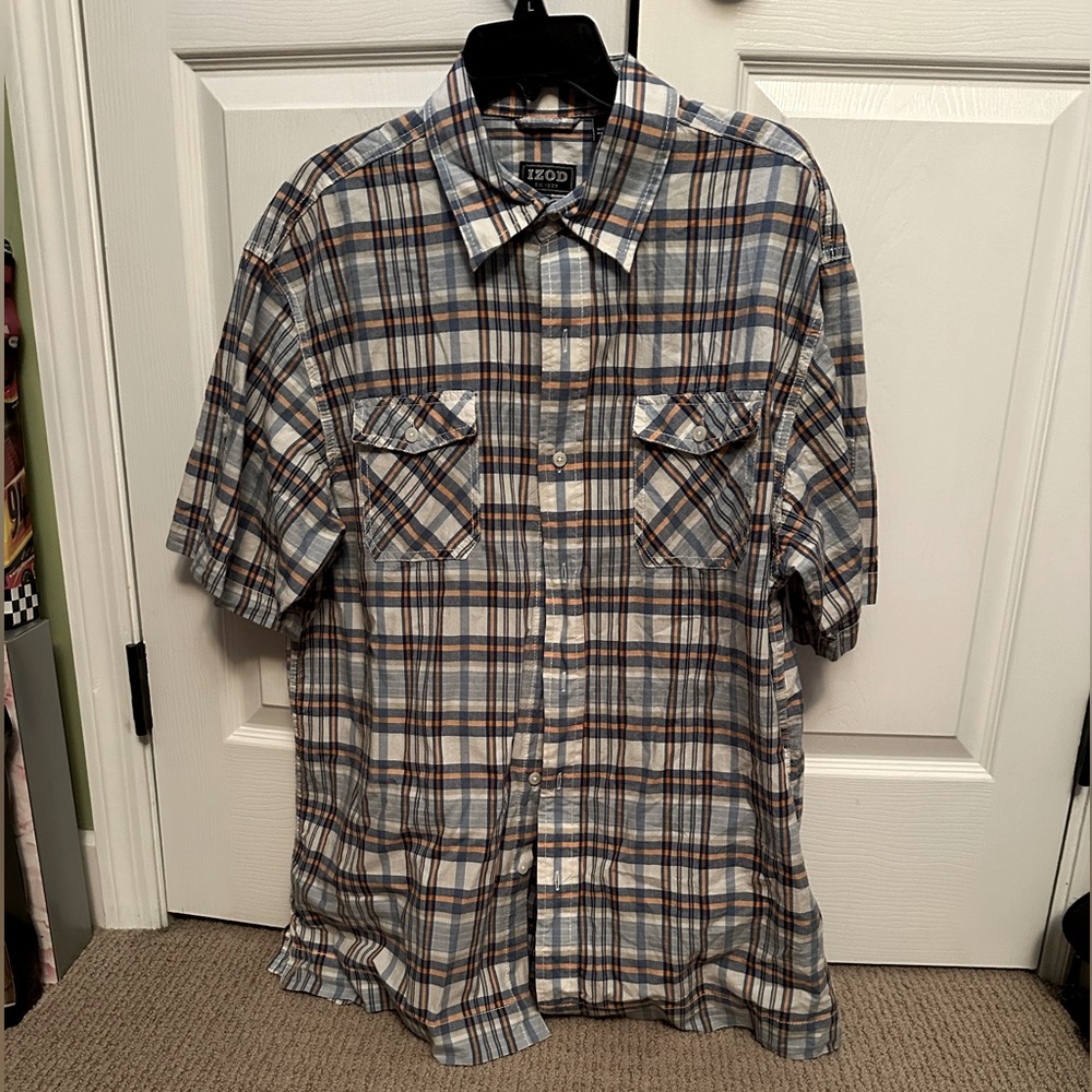 IZOD men’s button-up collared short sleeve shirt - sz large - orange/navy/white